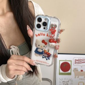 Sanrio | Flocking Shopping Hello Kitty Clear Case For iPhone 14 15 16 Cherry Hello Kitty Pendant Blue Lens Frame Cover