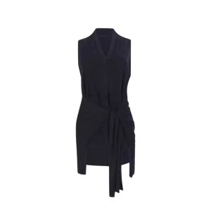 YUEZHONGWEI | French Style V-neck Black Ice Silk Knitted Vest Women Summer Outerwear Waist Cinched Beltless Sleeveless Top Money Style