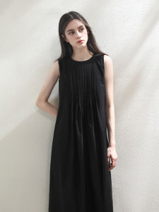 Miccbeirn | Silk Cotton French Pleated Sleeveless A-Line Dress Elegant Long Vest Dress Summer Season Round Neckline Pure Color Casual Style