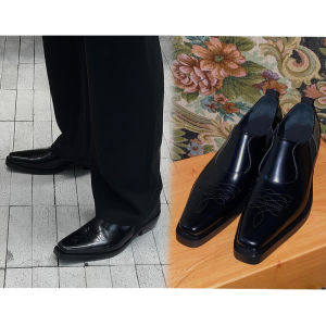 Elegant Paris Santiago Square Toe Mens Leather Mules Slip-On Casual Shoes Comfortable Rubber Sole Breathable Daily Wear