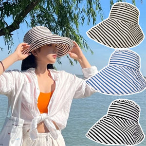 หมวกปีกกว้างถังลายแถบพับได้หมวกกันแดดสไตล์ชายหาดกันแดดหมวกชาวประมงแบบพกพาระบายอากาศได้สำหรับฤดูร้อน