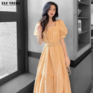 ELF TRIBE Đầm Cổ Điển Kiểu Pháp Mới Đầm Cổ Vuông Tay Phồng Cho Nữ Đầm Kẻ Sọc Kèm Thắt Lưng