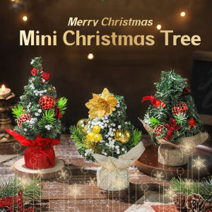 Mini Christmas Tree With Ribbon Bow And Ball Ornaments Artificial Tabletop Xmas Tree For Home Party Decor Supplies