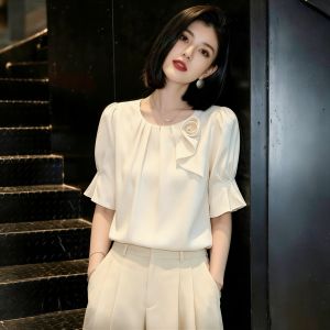 SHUAIYUE | Áo Blouse Mùa Hè Phong Cách Pháp Đính Hoa 3D và Tay Bồng Ôm Sát Trắng
