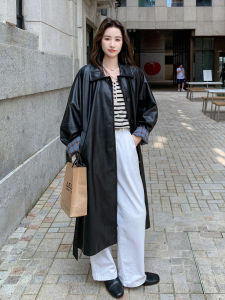 Black PU Leather Jacket Womens Long Style Autumn New Fashion Retro Hong Kong Style Casual Outerwear Elegant Quality Coat