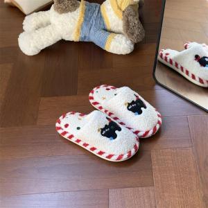Cute Cat Plush Slippers Womens Indoor Home Fleece Lined Slip-On Anti-Slip Thick Bottom Toe Cover Cotton Slippers