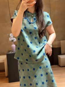 QINGNAER | Áo Sơ Mi Cổ Đứng Họa Tiết Chấm Bi Ombre Nơ Dây Lưng Tay Ngắn Size Lớn