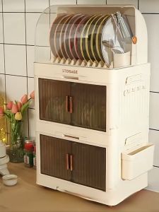 Kitchen Plastic Dish Cabinet Foldable Dish Drainer Drying Rack Aesthetic With Cover For Plates Bowls