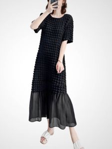 ชุดเดรสทรงเอยาวคลุมสะโพกสไตล์ย้อนยุคหรูหราสำหรับผู้หญิงในฤดูร้อน กระโปรงทรงเอแบบมีจีบ สวมใส่สบาย แขนสั้น คอตondo