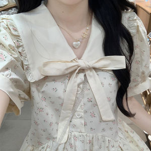 French Floral Summer Dress Womens Doll Collar Short Sleeve Cotton 100% Tea Break Sweet First Love Pure Innocent Skirt