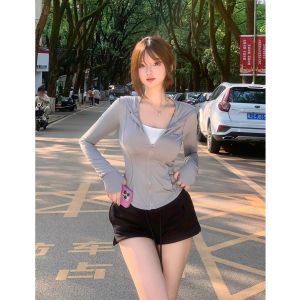 Quần Short Ống Rộng Cạp Thấp Màu Xám Mùa Hè Cho Nữ Quần Dài Đến Giữa Bắp Chân Phong Cách Mỹ Thường Ngày Quần Bó Chữ a Cạp Cao