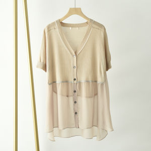Summer Womens V-Neck Short Sleeve Ice Silk Knitted Open Cardigan Midi Length Splice Chiffon Shirt Draping Sensation PA201