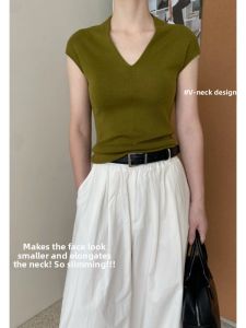 YUEZHONGWEI | Green V-neck Ice Silk Knitted Short Sleeve T-shirt Women Summer New Unique Beautiful Waist-cinched Slim-fit Short Length Top