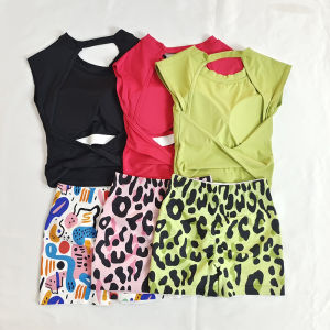 High Waist Nylon Fitness Shorts Set Short Sleeve Dopaamine Print Yoga Sportswear for Women Breathable Moisture Wicking Gym Outfit