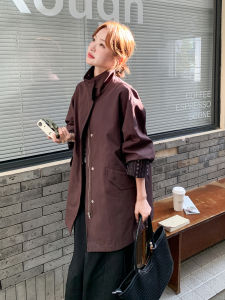 Slimming Effect Khaki Green Korean Style Retro Loose Womens Windbreaker Coat Casual Mid-Length Outerwear for Autumn Season