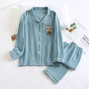 Spring Summer Autumn Thin Pure Cotton Bubble Cotton Yarn Simple Solid Color Loose Long Sleeve Full Cotton Outerwear Home Clothes Sleepwear Set for Women