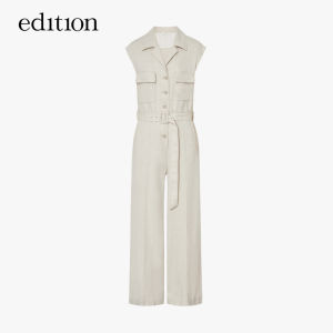 Edition Womens Summer New Neutral Style Linen Workwear Jumpsuit High Waist Long Pants with Belt Casual Pants for Ladies