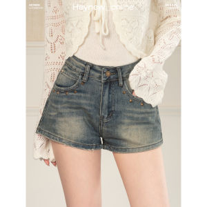 loveheynew | Quần Short Jeans Dây Đính Đinh Cao Waist Slimming Vintage