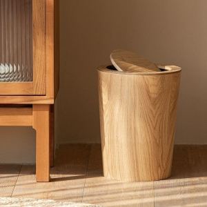 Creative Wooden Nordic with Lid Trash Can Round Simple Cleaning Tools Garbage Can Home Living Room and Kitchen Wastebasket Bathroom Trash Bin Kitchen Waste Storage Bins
