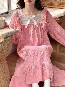 Sweet Pure Color Long Sleeve Sleep Dress Womens Nightgown Autumn New Style Home Clothes Polyester Fiber V-neck Mid-length Skirt