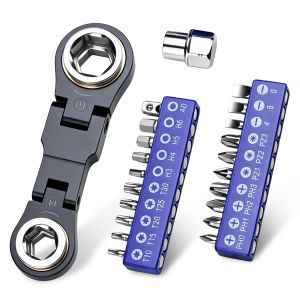 NiuXiang(NewShark) | 26 in 1 Right Angle Screwdriver Set Mini Ratcheting 90 Degree Screwdriver Pocket Low Profile Ratchet Wrench Bit Socket Set