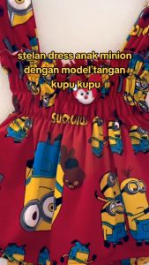 Setelan Dress Kerut Celana Balon Minion Usia 6 -18 Bulan Model Tangan Adem Nyaman Sehari hari