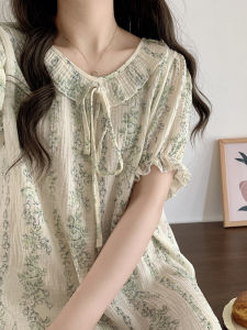 French Vintage Style Floral Nightdress for Girls Summer Internet Celebrity Sweet Lace Pajamas Breathable Plaid Midi Dress