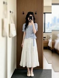 NIUVIES | Bộ Thời Trang Mùa Hè Áo Sơ Mi Caro Xanh Đầm Midi Trắng