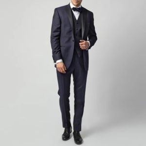 Dark Blue Men Suit 3 Pieces Jacket Vest Pant With Bright Lapel Single Button For Wedding Business Party Prom Banquet Work Office