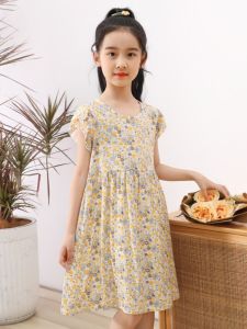 Girls Cotton Silk Summer Beach Dress Childrens Vest Skirt Floral Print Midi Dress Soft Viscose Fabric Breathable Comfortable