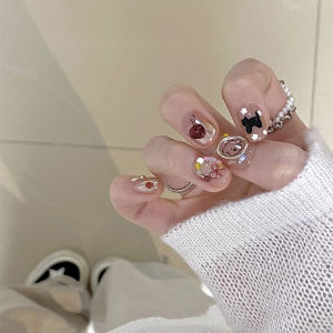 Handmade Short Nail Stickers Cat Design Metal Ring Cherry Dog Pattern Fun Childrens Ins Style Nail Art Wearable False Nails