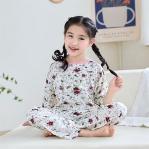 Girl Poplin Pajamas Suit Summer Thin Boys and Girls Air Conditioning Clothes Children and Teens Short Sleeve Pants Homewear
