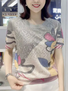 Fashionable High-End Age-Reducing Printed Rhinestone Round-Neck T-Shirt New Summer 2023 Large-Size Womens Casual Wear with Diamond Details