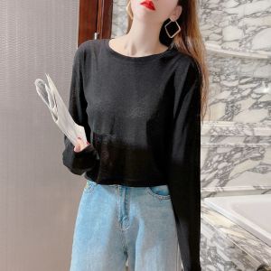 plus Size Ice Silk Knitted Top Women Summer Loose Short Thin Long Sleeve Mesh Sunshade Cover up Casual Comfortable Breathable