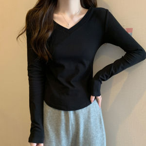 Stylish Curved Hem V-neck Long Sleeves Bottoming Shirt Womens Autumn New Arrival K-style Black Silm Slim Looking Inner Wear T-shirt