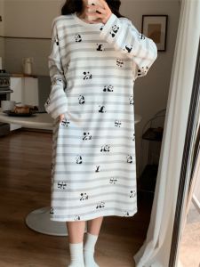 Panda Stripes Nightdress for Women Spring and Autumn Pure Cotton Long Sleeves Cute Cartoon Pajamas Dress Winter plus Size Homewear