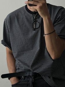 Ssumenam | Minimal Black Stripe Round Neck Short Sleeve T-Shirt