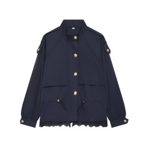 Guobioziy Womens Jacket 2026 Fall New Lace Splice Drawstring Waist Casual Stand Collar French Short Trench Coat