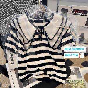 European Goods Sweet Stripes Peter Pan Collar Short Sleeve Fashion T-shirt Female Ins Trendy Summer Niche Style Unique Thin Knitting Tops