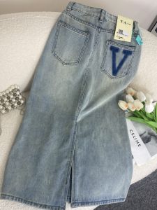 Korean Fashion High Waist A-Line Midi Denim Skirt Womens Half-length Skirts Post Splitting 2024 New Style Commute Pocket Detail