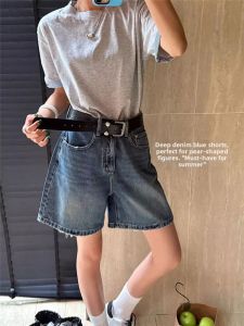 QIANCHANGNAAI | Retro Deep Blue High Waist A-Line Loose Denim Shorts
