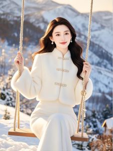 Elegant White Fur Jacket Womens New Chinese Style Autumn Winter Outerwear High Waist Long Pants Commute Fashion Pear Shape
