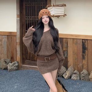 Retro Korean Loose Shoulder Bared Long Sleeve Knitted Sweater Dress Womens Autumn Winter Slimming Waist Cinched Short Skirt