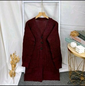 CARDIGAN RAJUT LONG KOREAN STYLE CARDIGAN POLOS KANTONG 3 KANCING