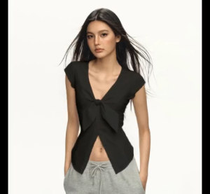 Korean V-neck Short Sleeve Shirt For Women Bow Button Silm Tops