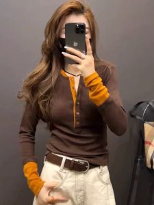 Early Autumn Color Contrast Patchwork Brown Low-Neck Sweater Bottoming Shirt Womens Inner Wear Spring & Fall Winter Can Be Outerwear Sweater Tops