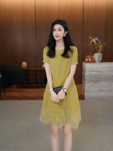 Elegant Loose Slimming Round Neck Lace Hem Short Sleeve Dress