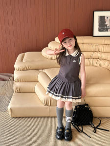 Yiyima Childrens Casual Polo Dress Set with Collar Vest And Pleated Skirt Two-Piece Korean Style Summer Outfit for Girls