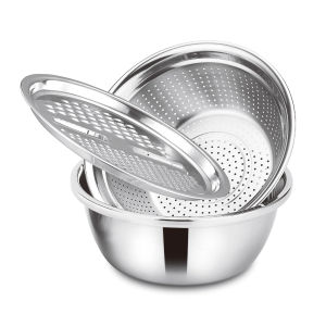 Buenas 3in1 3pcs Set Multifunctional Stainless Drainer Basin Graters Peeler Set Soup Pot Vegetables Washing Bowl
