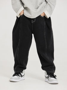 MT Original Kids Jeans Loose Casual Long Pants Boys Denim Trousers Black Slick Lines Childrens Fashionable Pants for Ages 3-14